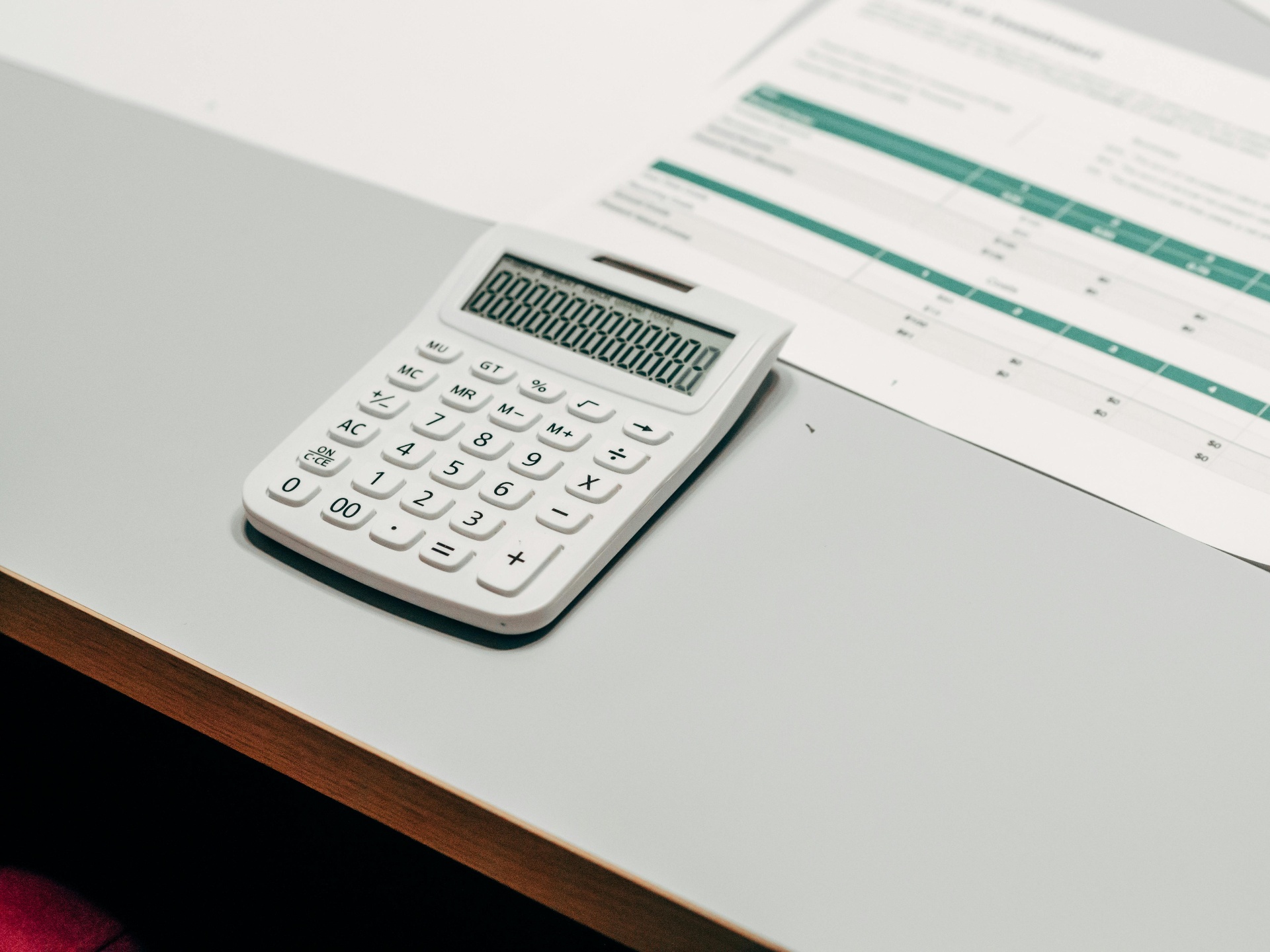 Calculator on a desk with financial spreadsheet showing cost analysis